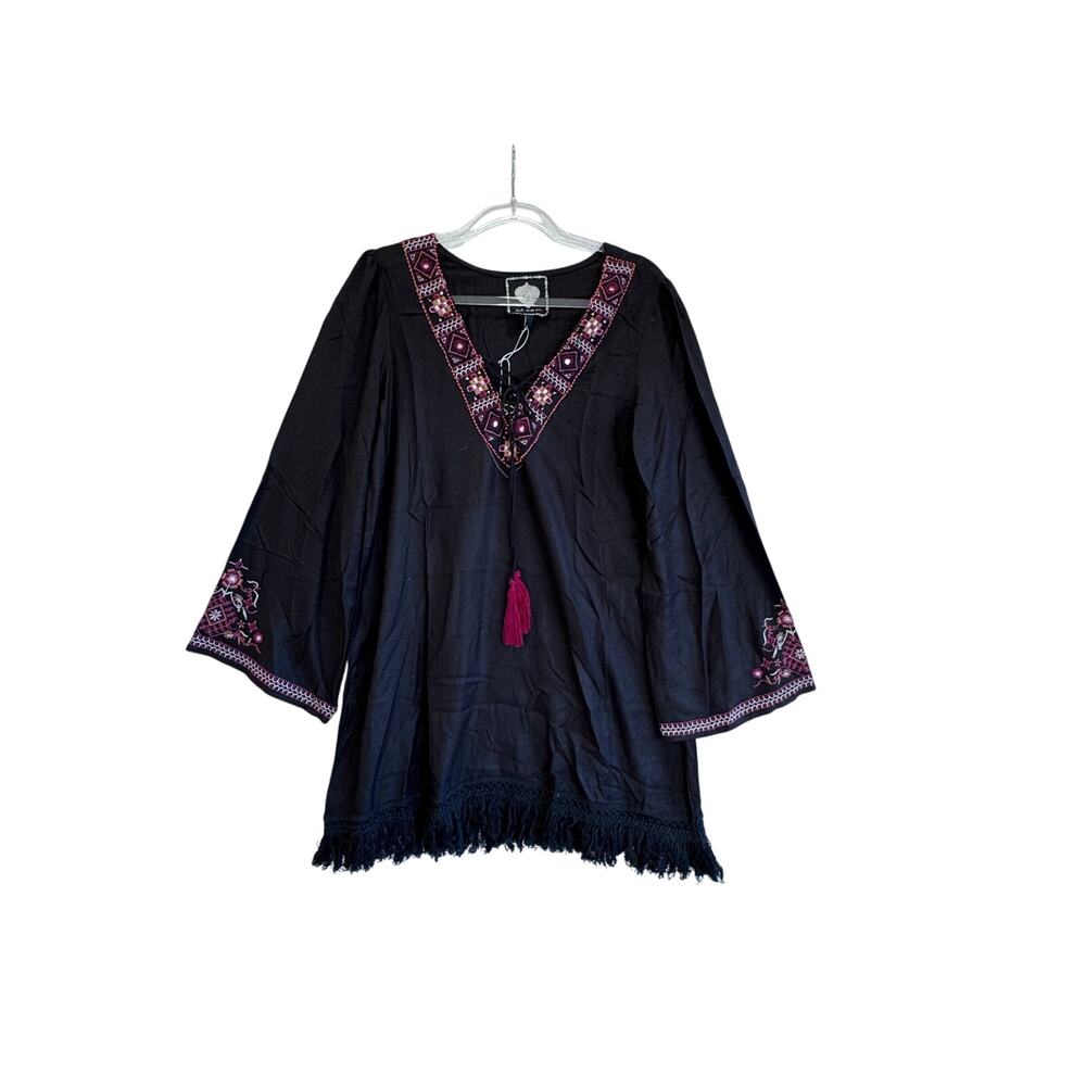 ZL Europe Black Boho Embroidered Tassel Tunic Top Fringe V Neck Size L beach - Picture 2 of 7